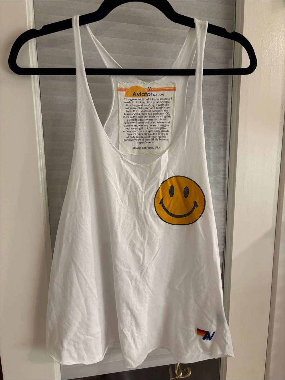 Aviator Nation White Tank with Yellow Smiley Patch